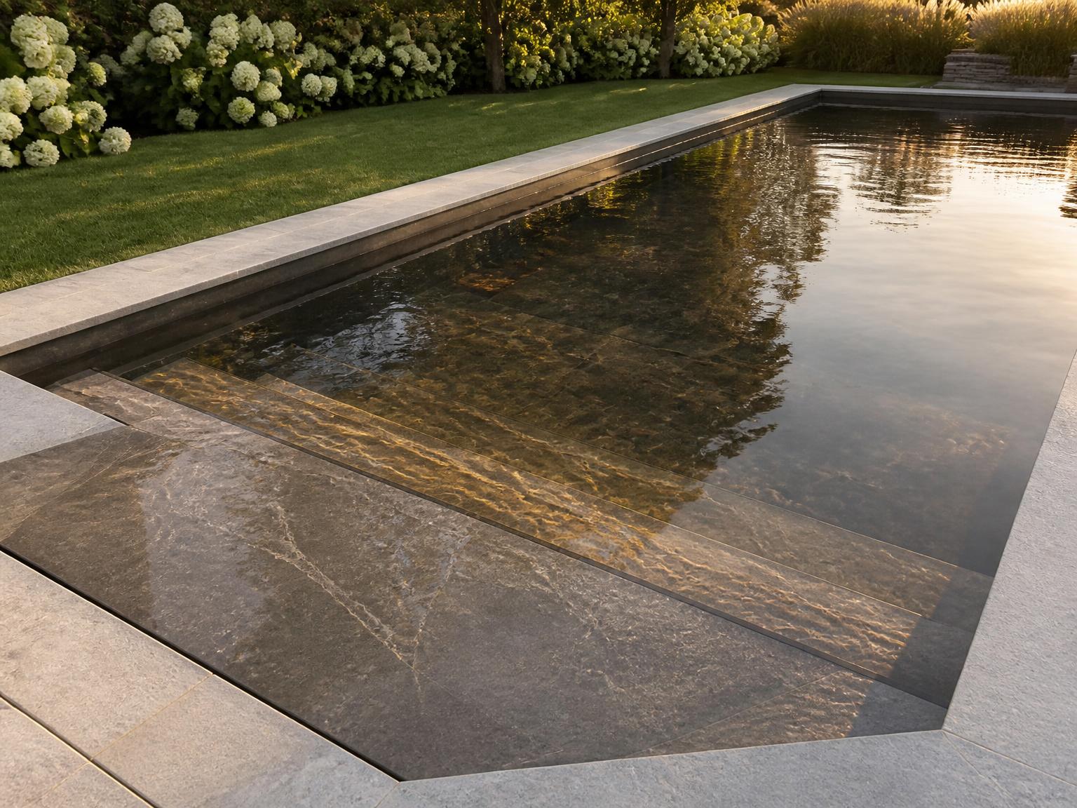 Piscine rectangulaire avec liner Pierre de Bali Brown Basalt